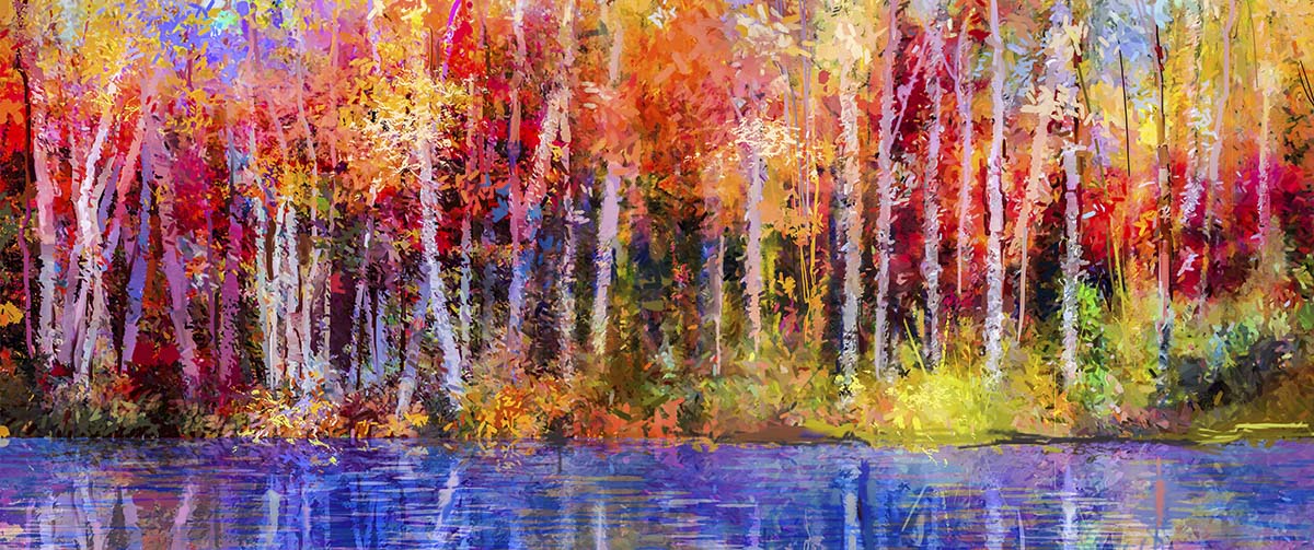 A colorful forest by a lake