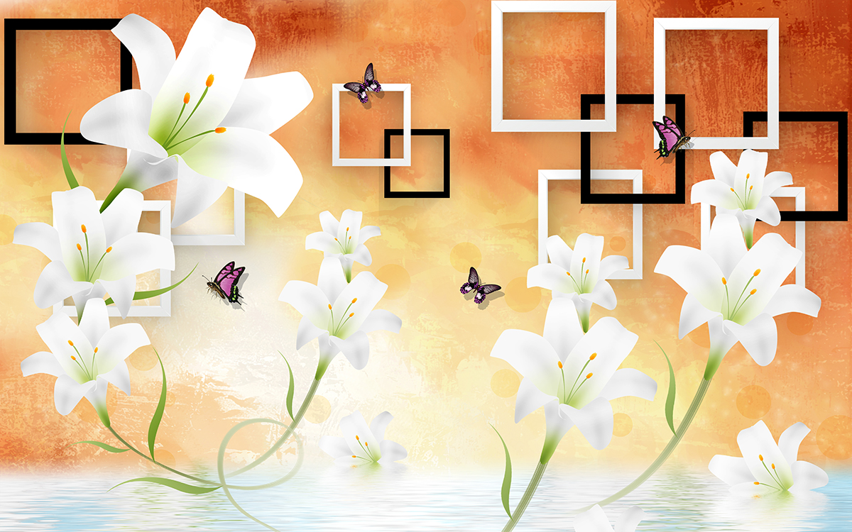 A wallpaper with white flowers and butterflies