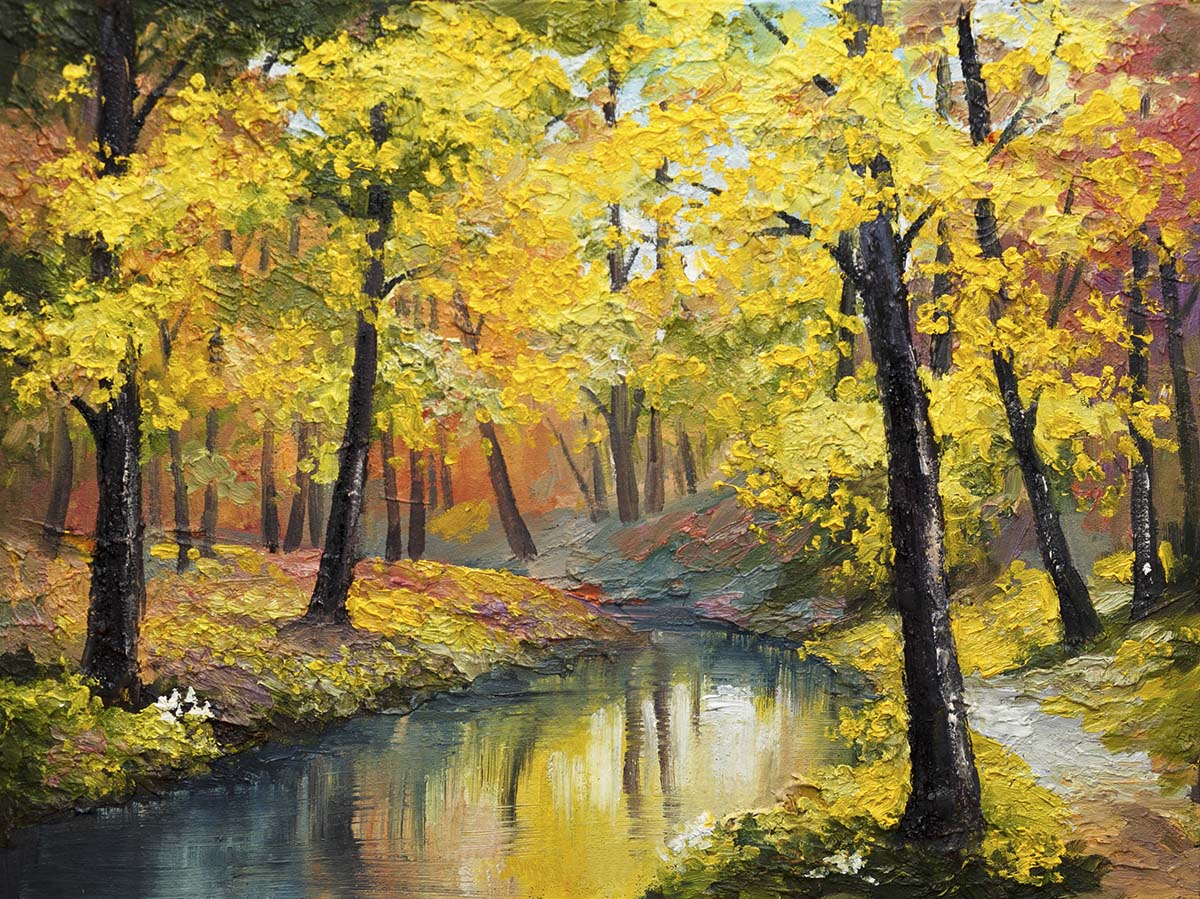 A painting of a river with trees and leaves