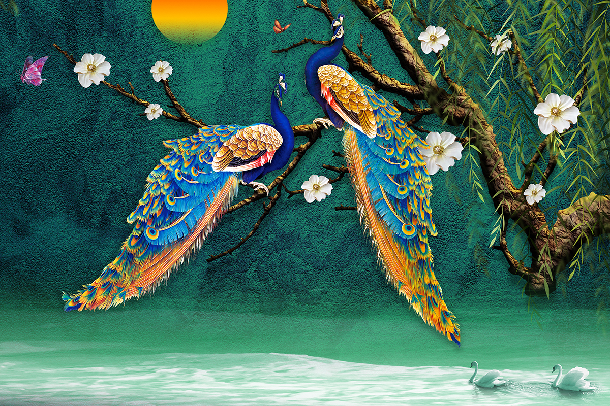 A painting of peacocks on a tree branch