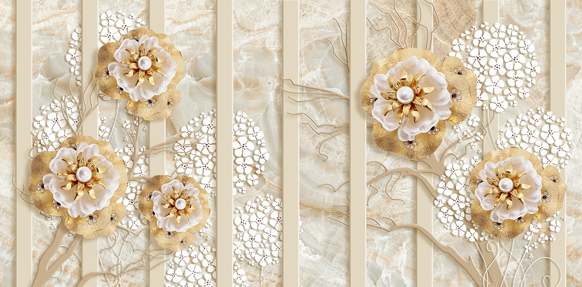 A wallpaper with flowers and gold leaves