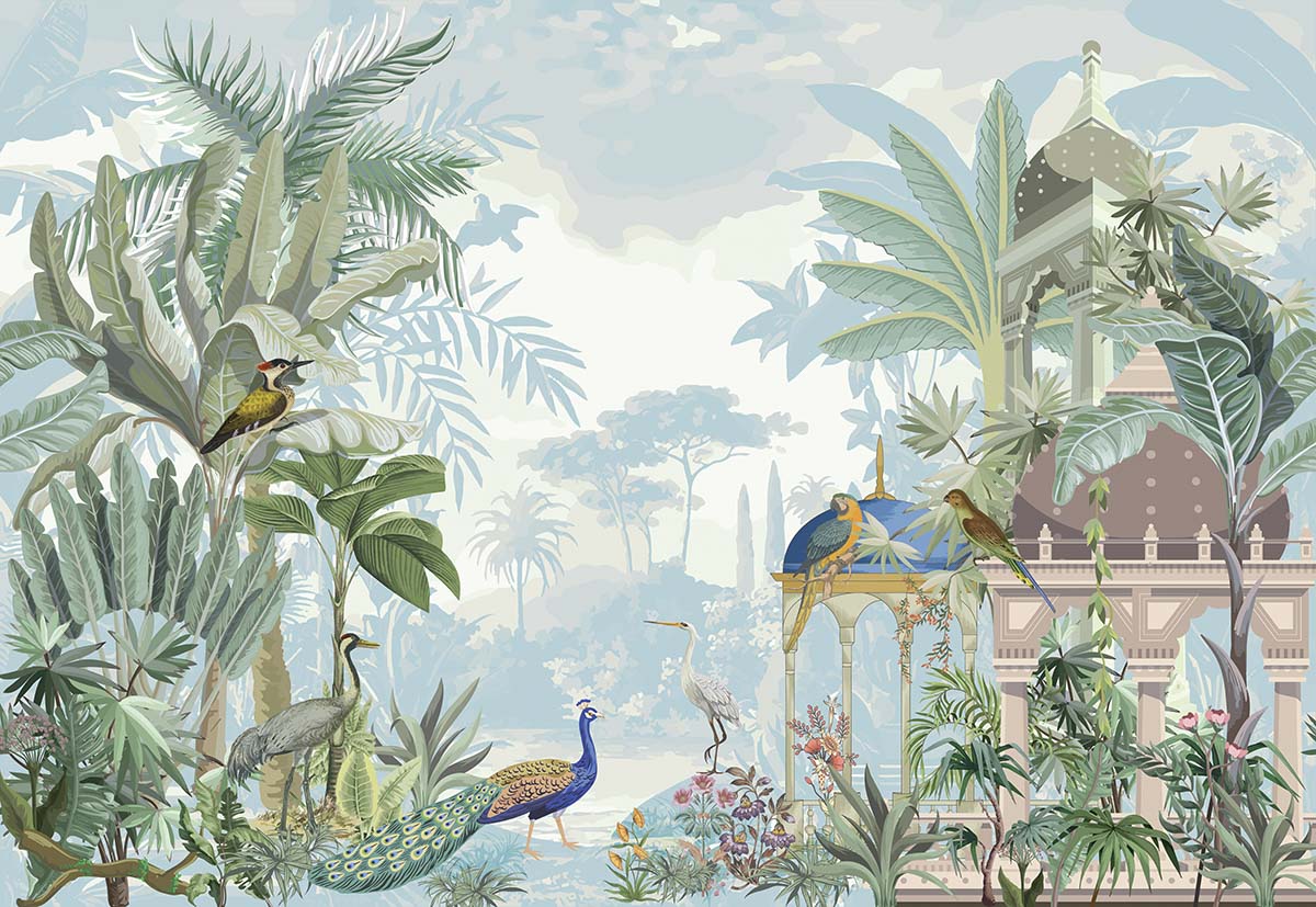 A mural of birds and plants