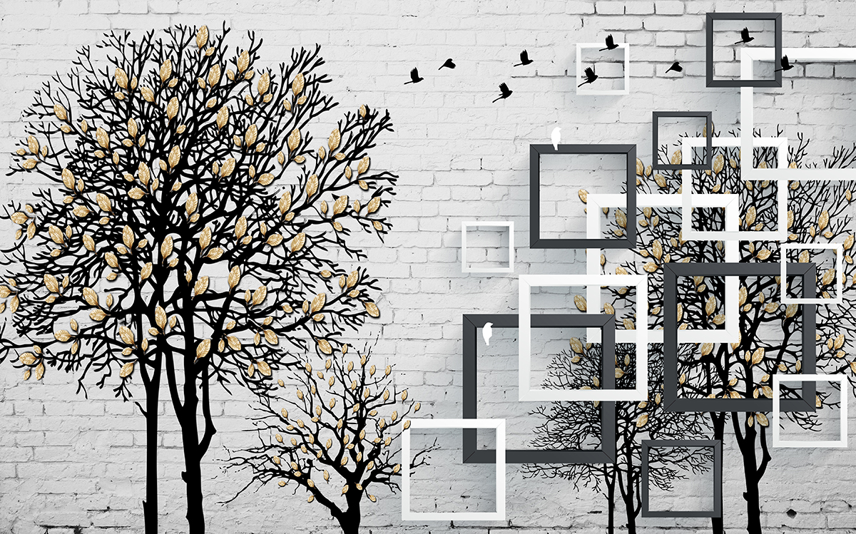A wall with a tree and birds