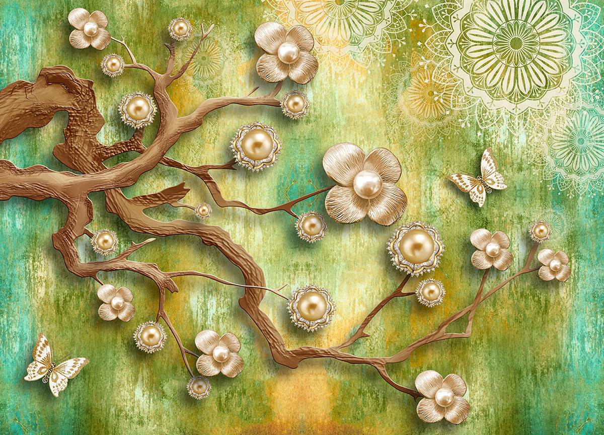 A tree branch with flowers and pearls