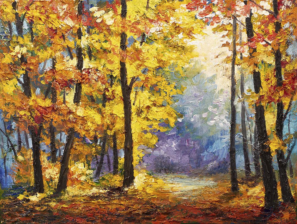 A painting of trees with yellow and red leaves
