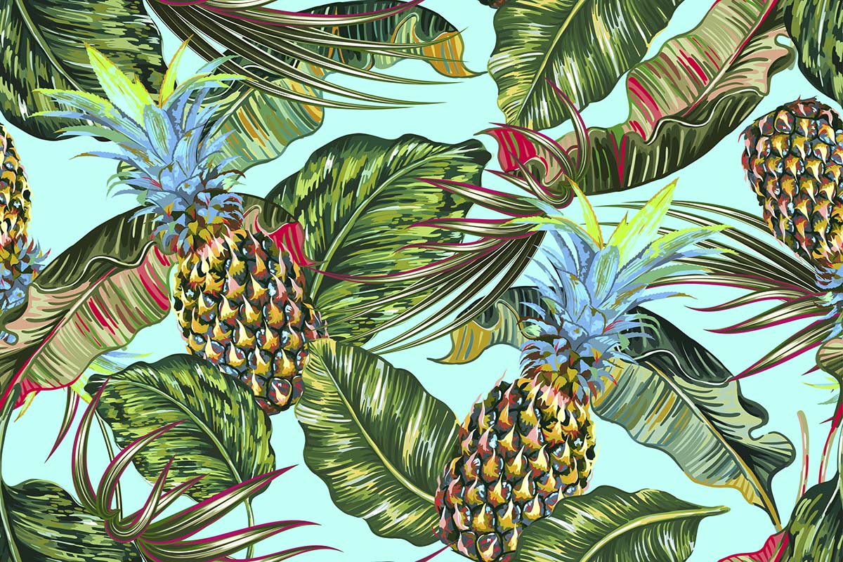 A pineapples and leaves on a blue background