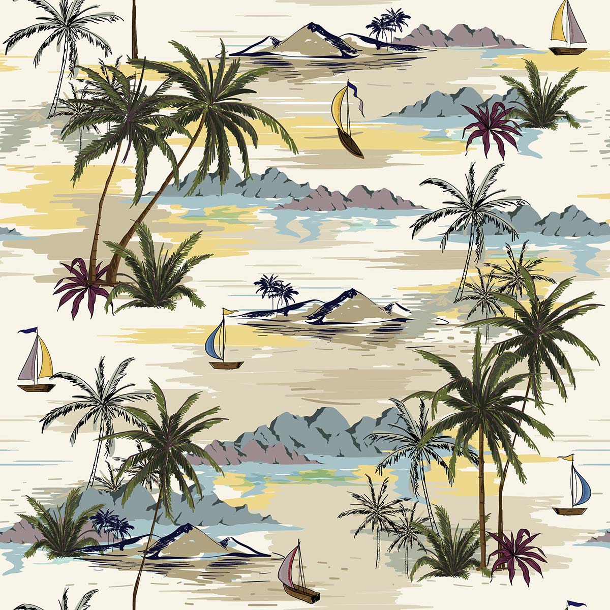 A pattern of palm trees and boats
