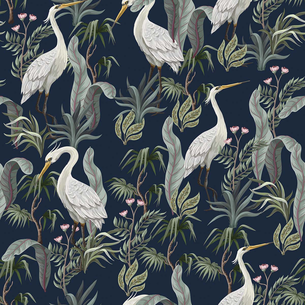A pattern of white birds and plants