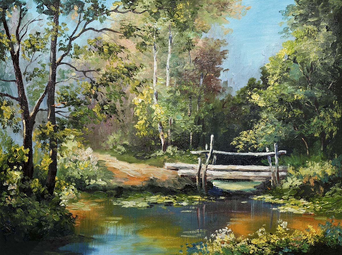A painting of a pond with trees and a bridge