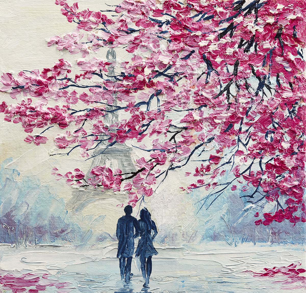 A painting of a couple walking under a tree with pink flowers