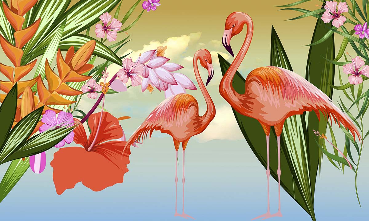 Flamingos and flowers in a garden