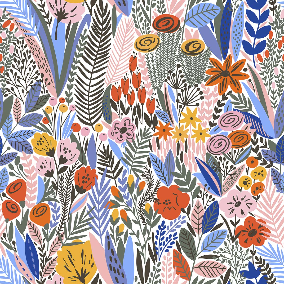 A colorful floral pattern with different flowers