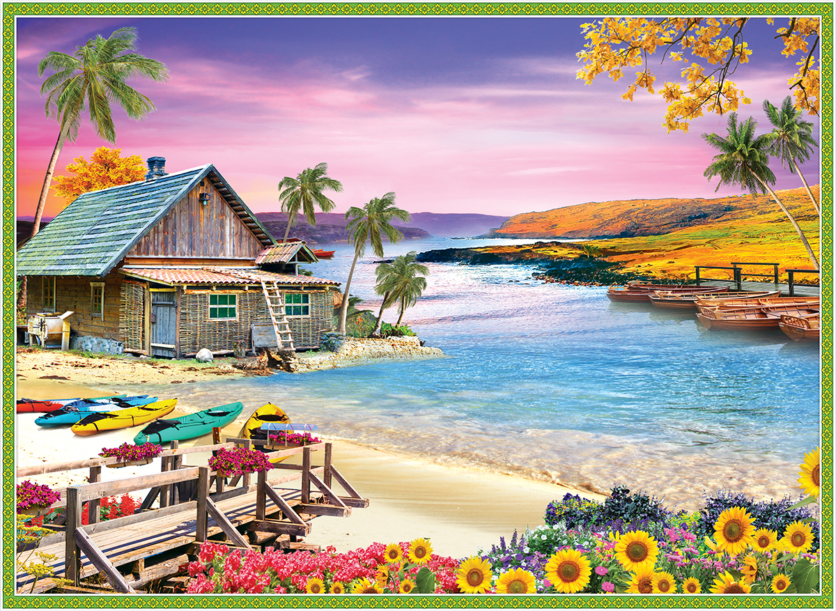 A house on a beach with boats and flowers