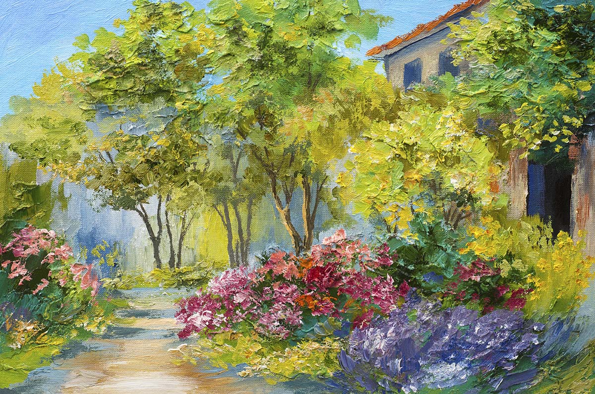 A painting of a garden with flowers and trees