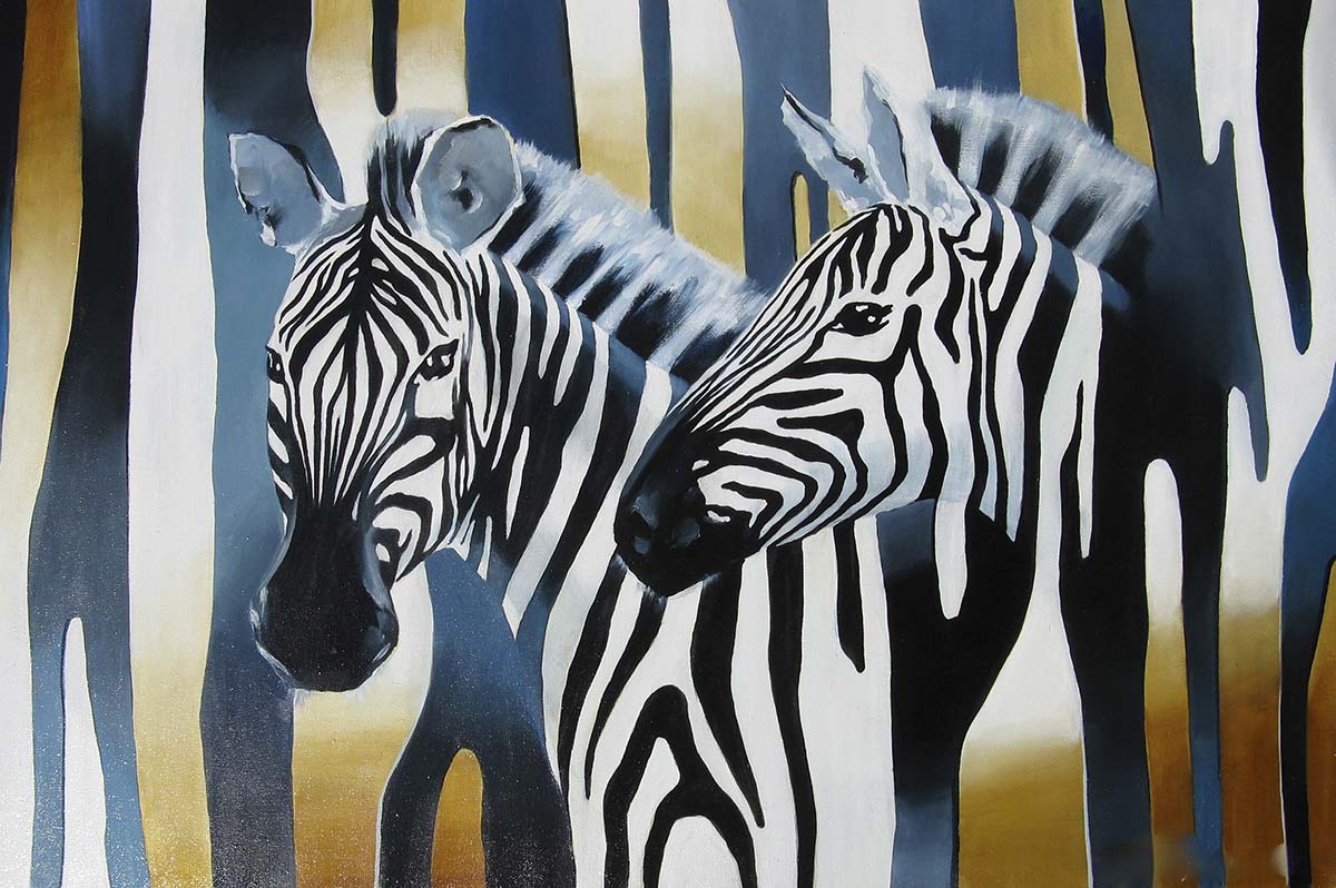 A painting of zebras in front of a blue and gold background