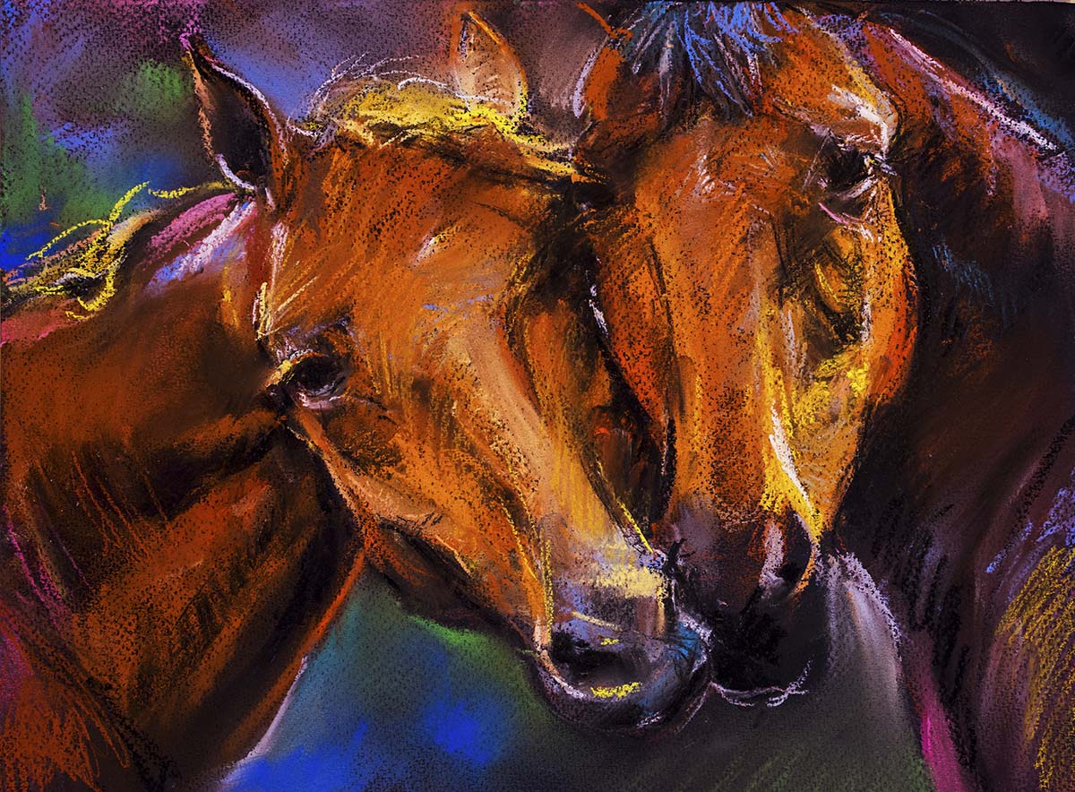 A drawing of horses with a colorful background