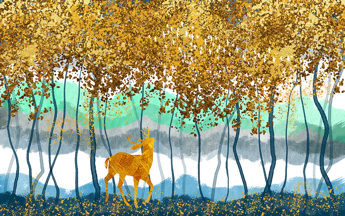 Deer in Forest Painting Wallpaper for Wall