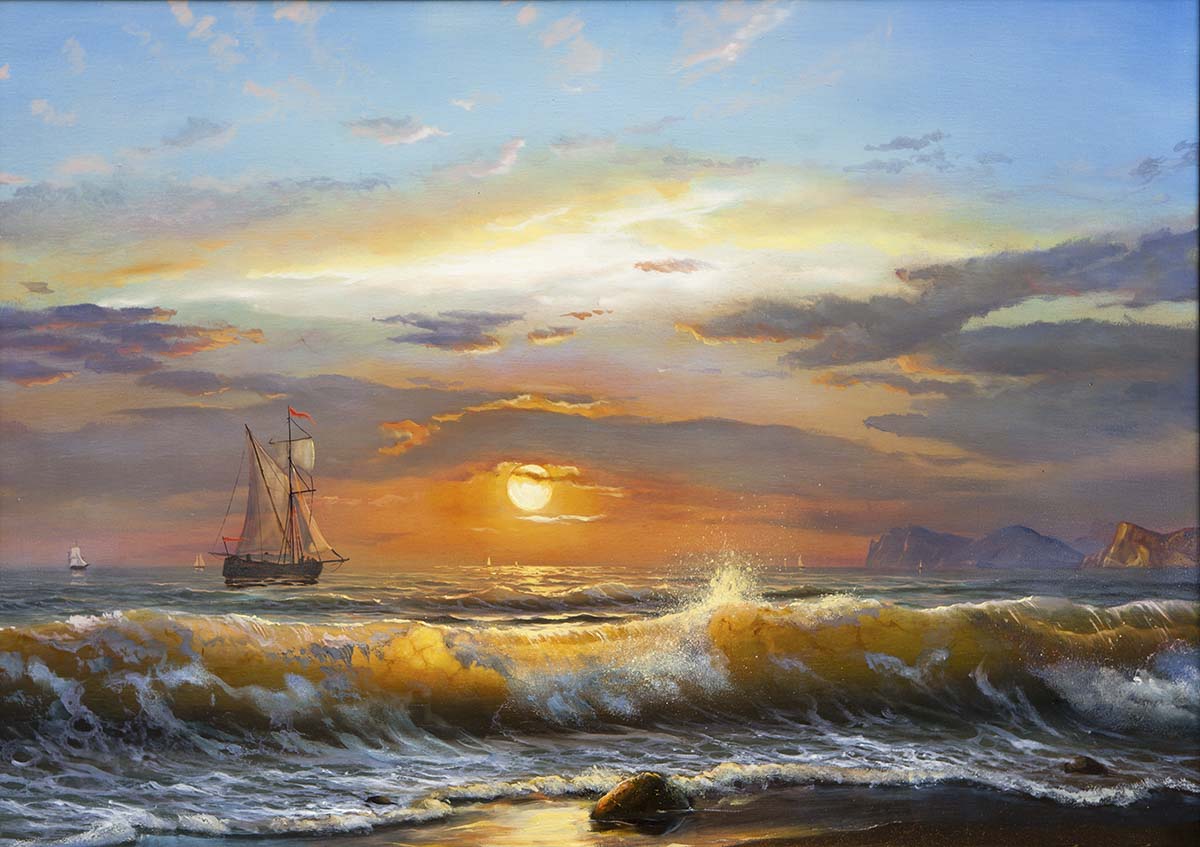 A painting of a sailboat in the ocean