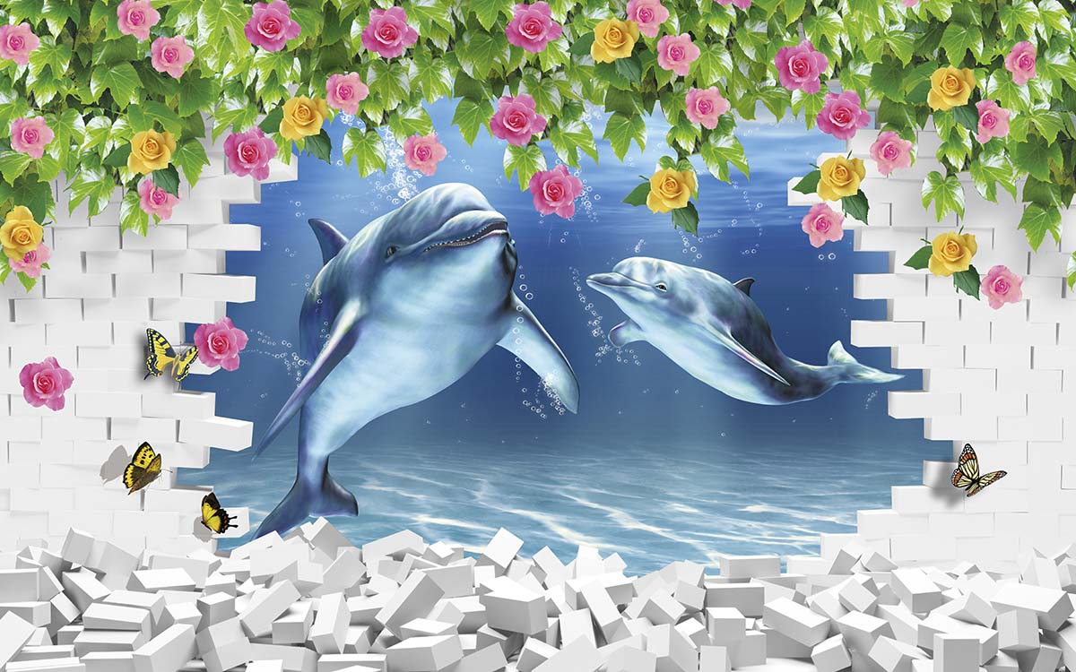A mural of dolphins under water with flowers and bricks