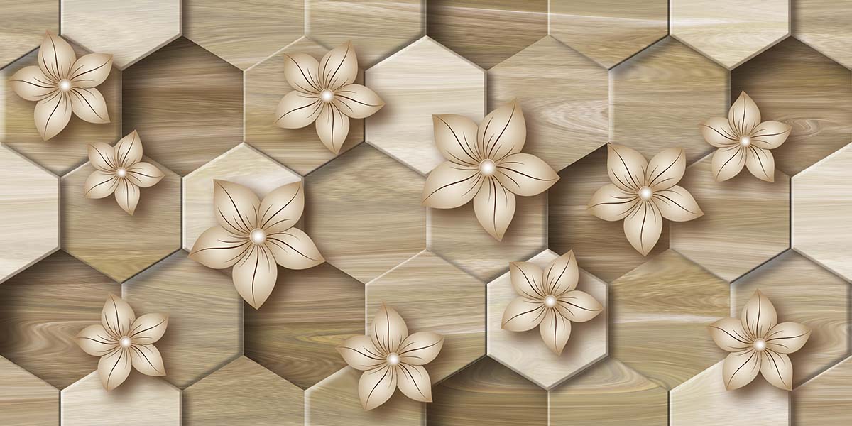 A wallpaper with flowers and hexagons