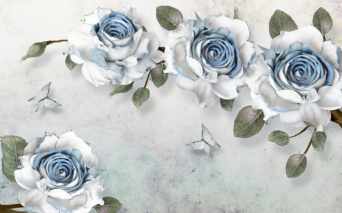 A group of white and blue roses with leaves