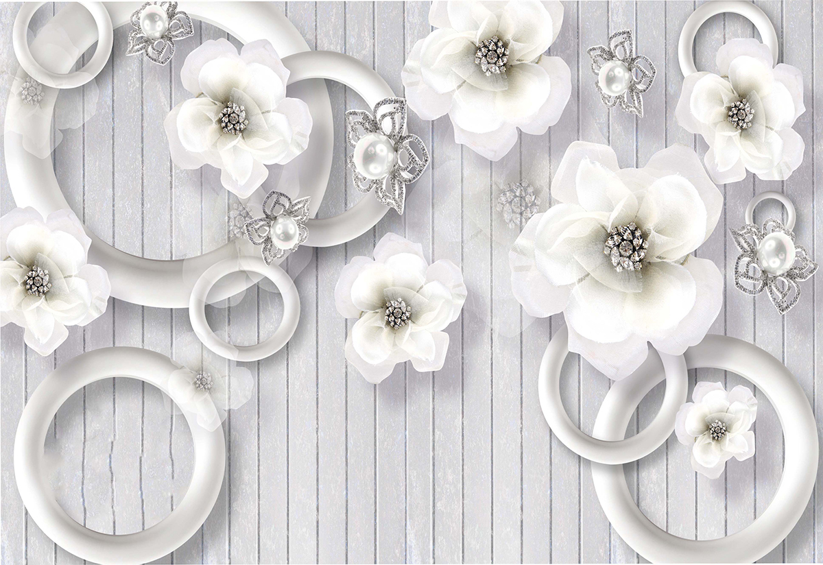A wallpaper with white flowers and rings