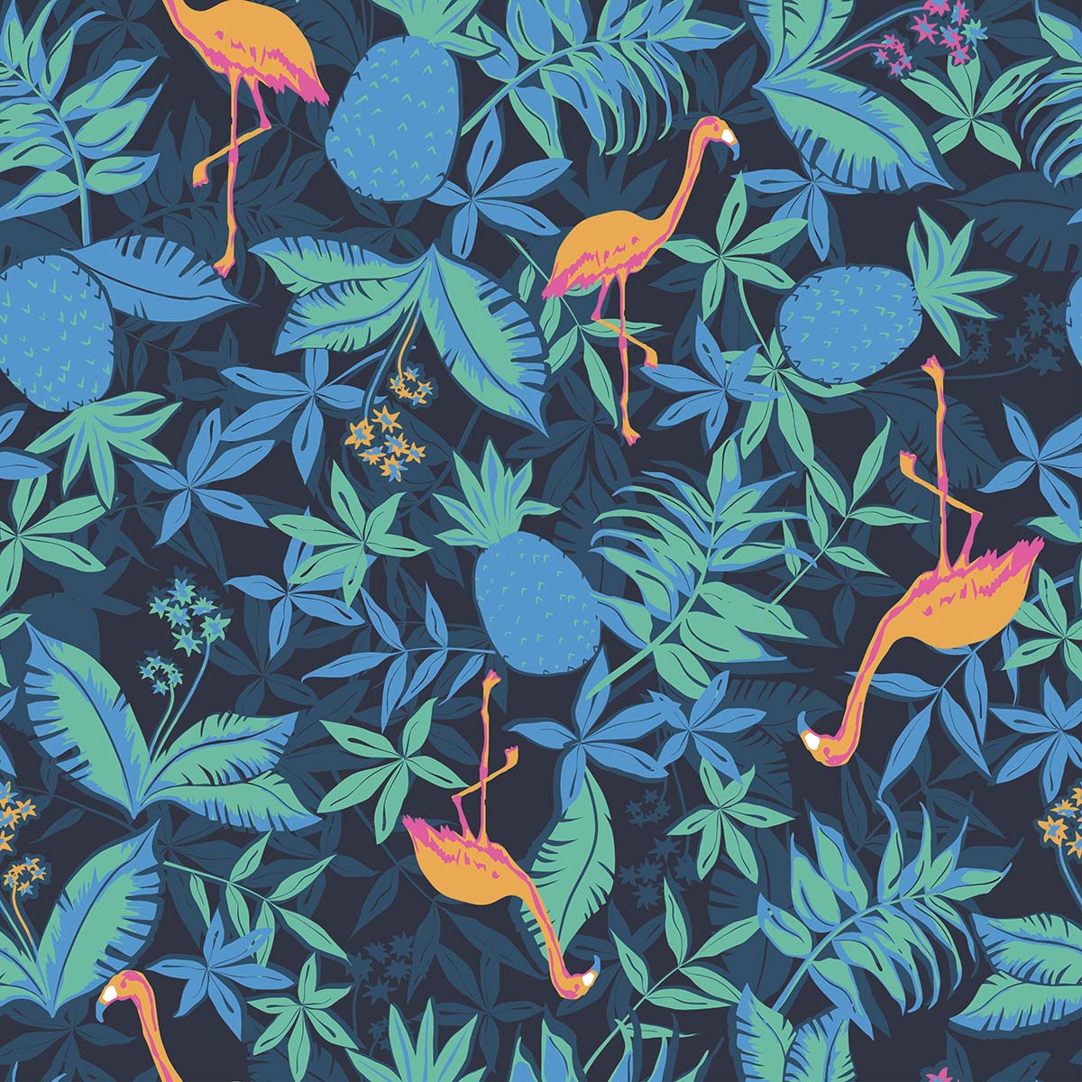 A pattern of leaves and flamingos