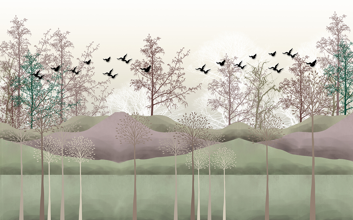 A landscape with trees and birds flying in the sky