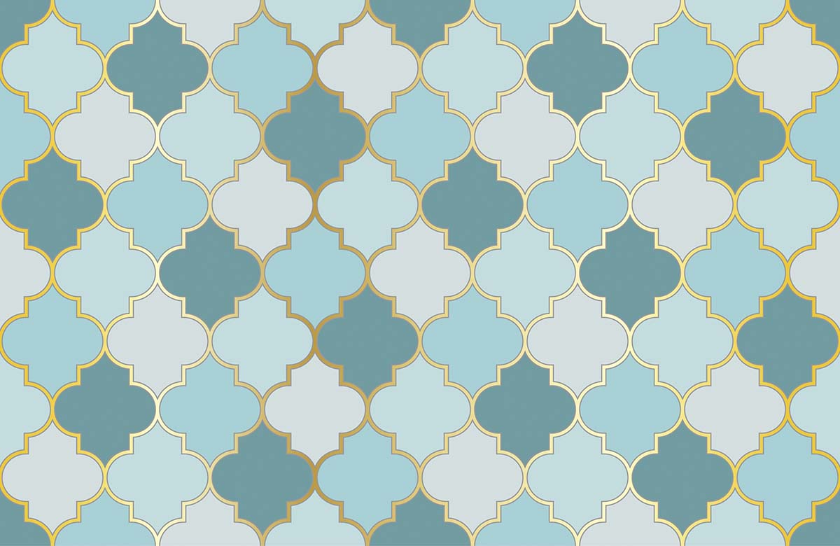 A pattern of blue and white quatrefoil tiles