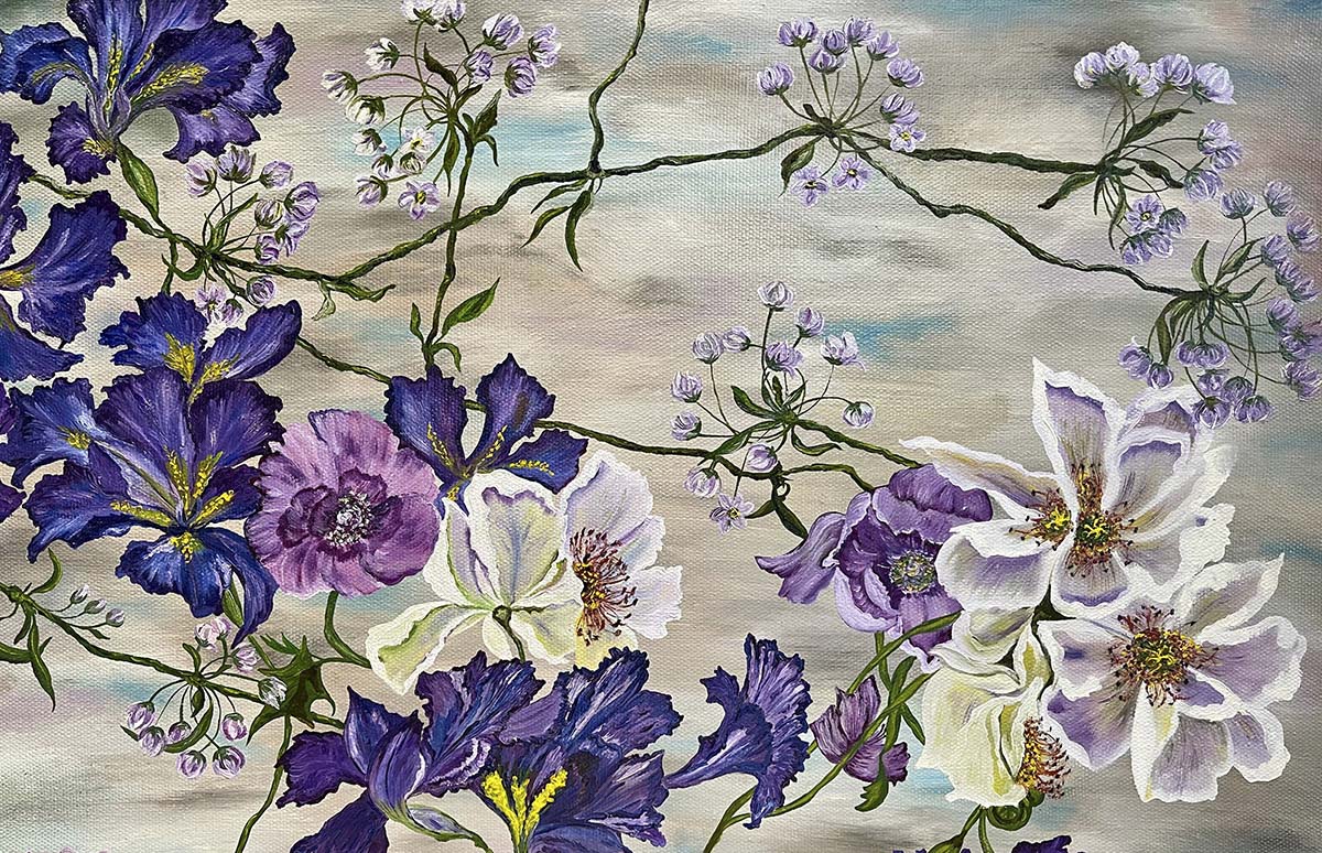 A painting of flowers on a canvas