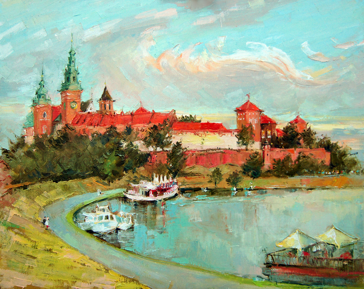 A painting of a castle and a river