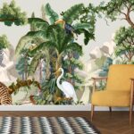 A wallpaper with a tiger and birds in the jungle