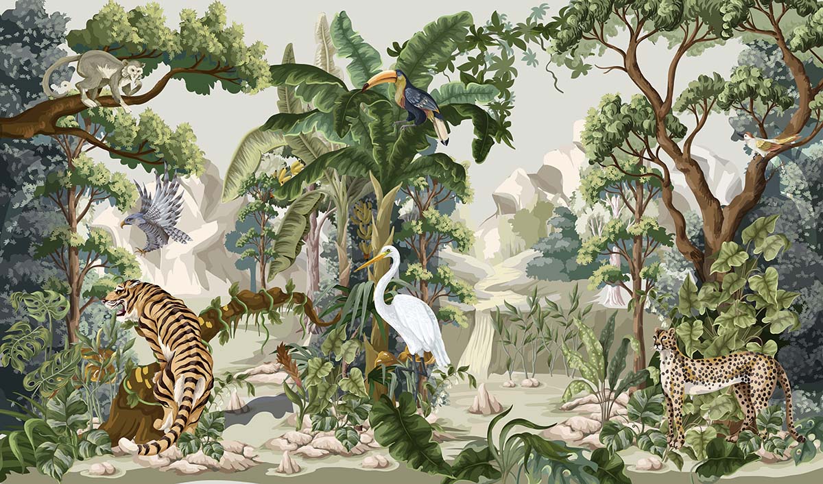 A wallpaper with a tiger and birds in the jungle