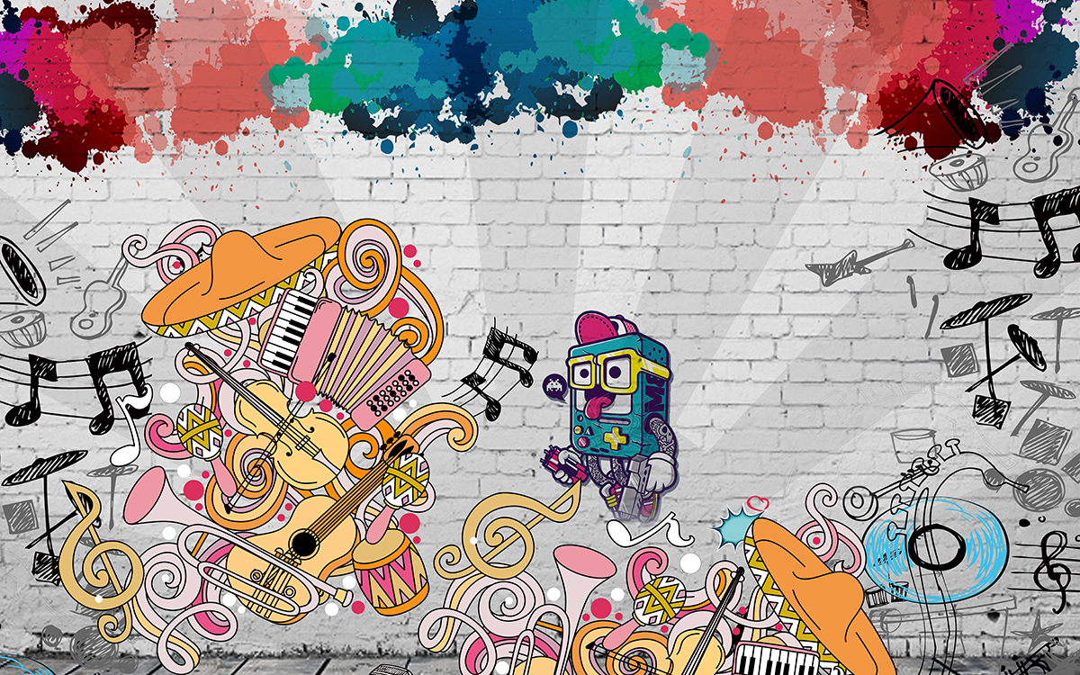 A wall with colorful doodles and a cartoon character