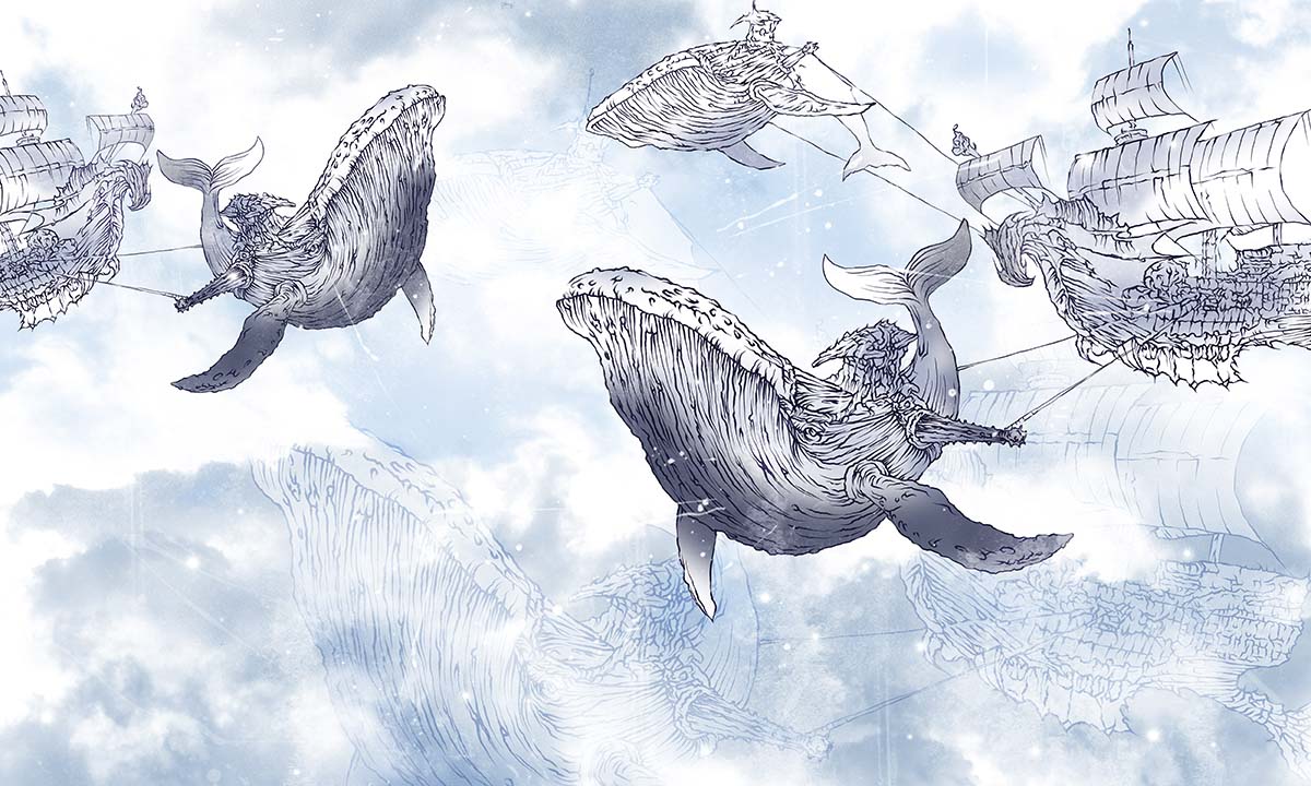 A group of whales in the sky