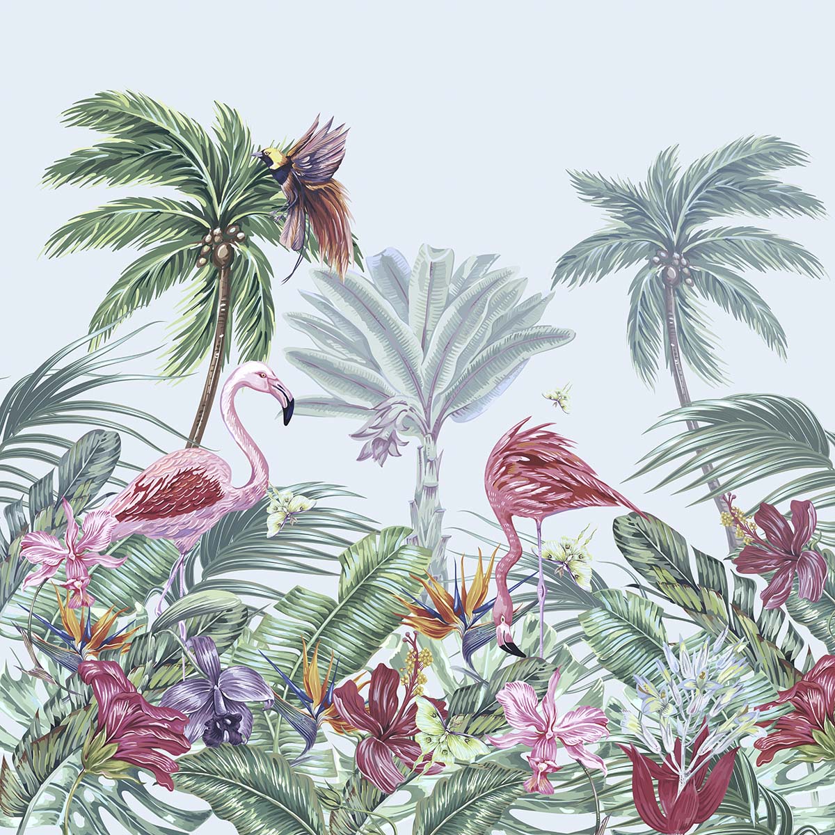 A flamingos and palm trees