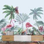 A flamingos and palm trees