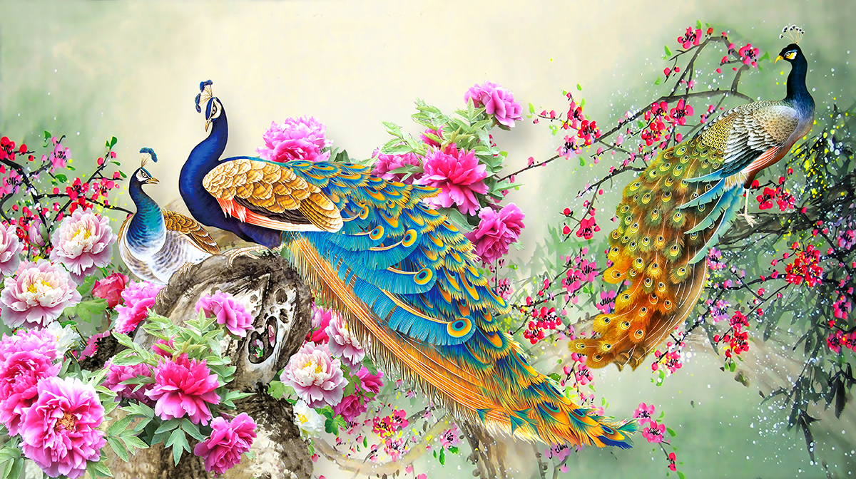 A colorful peacocks on a tree branch with flowers