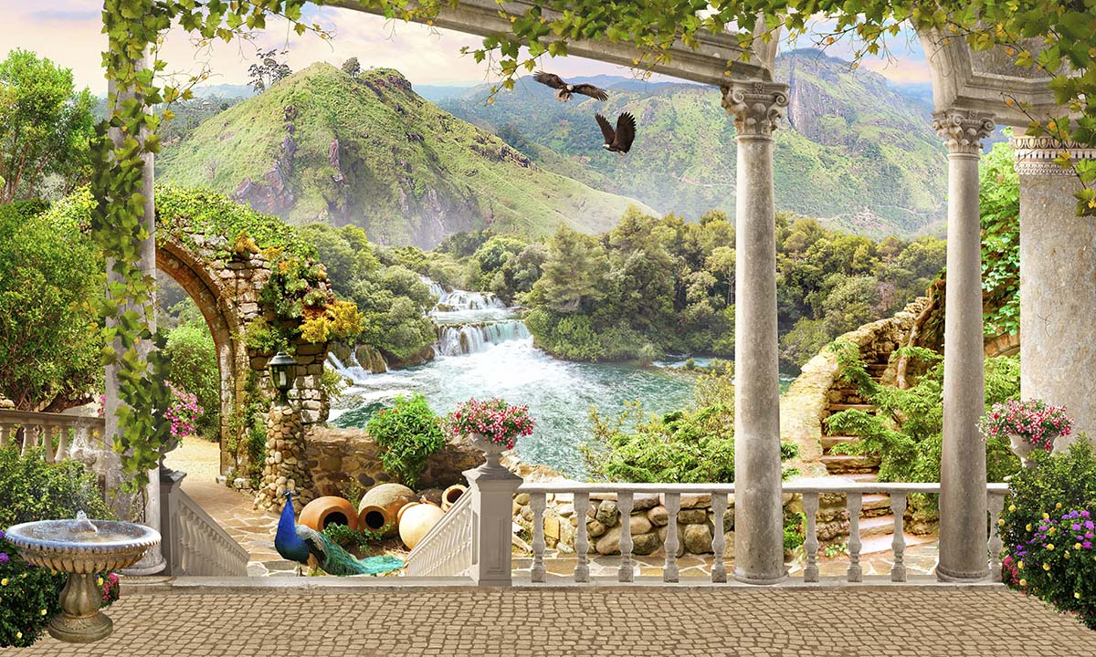 A stone porch with a waterfall and birds flying in the sky