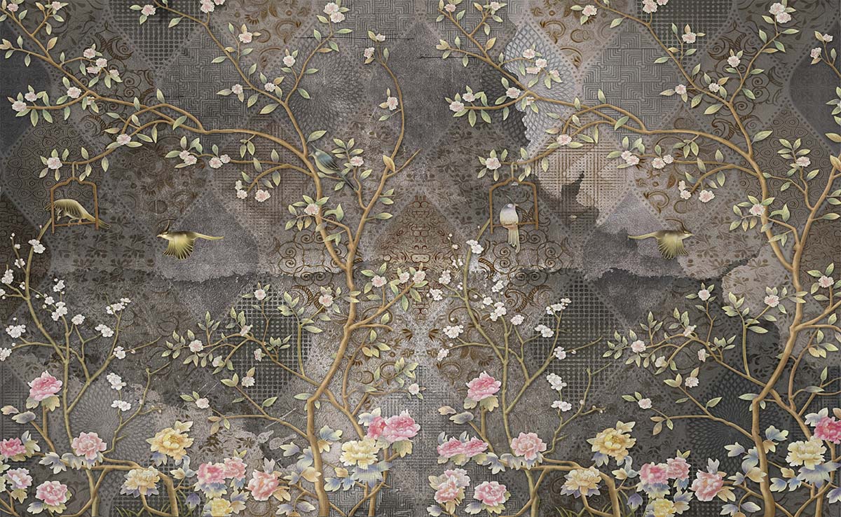 A wallpaper with flowers and birds