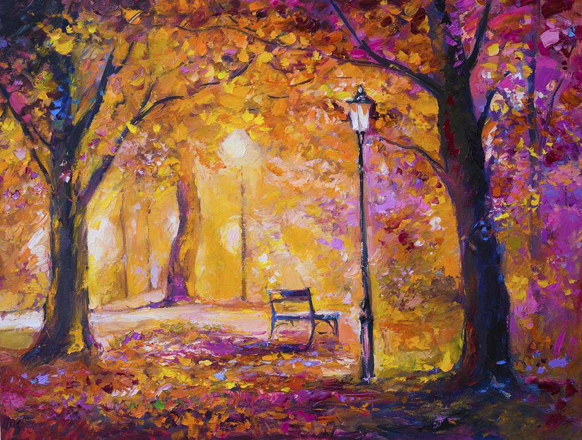 A painting of a bench in a park