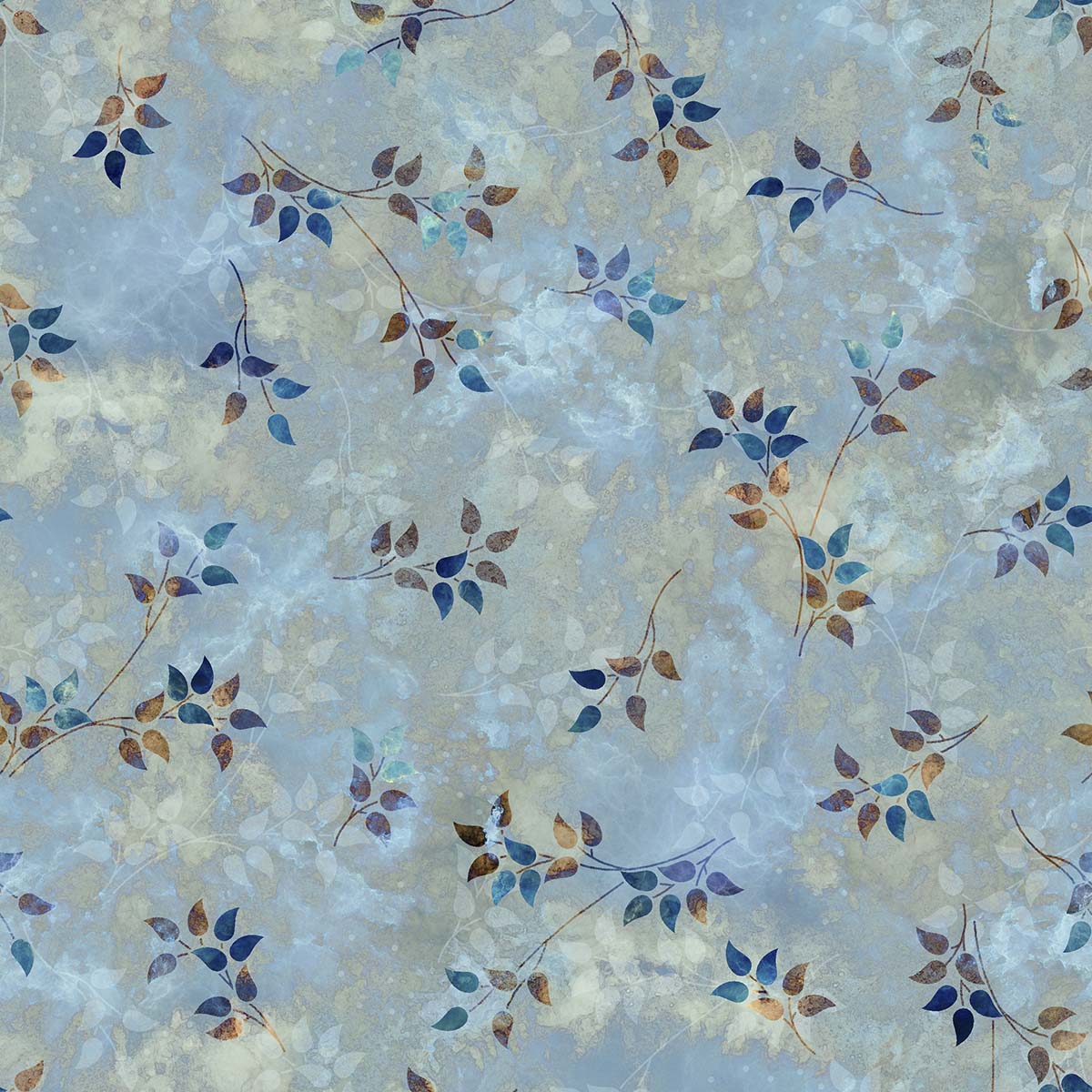 A pattern of leaves on a blue background