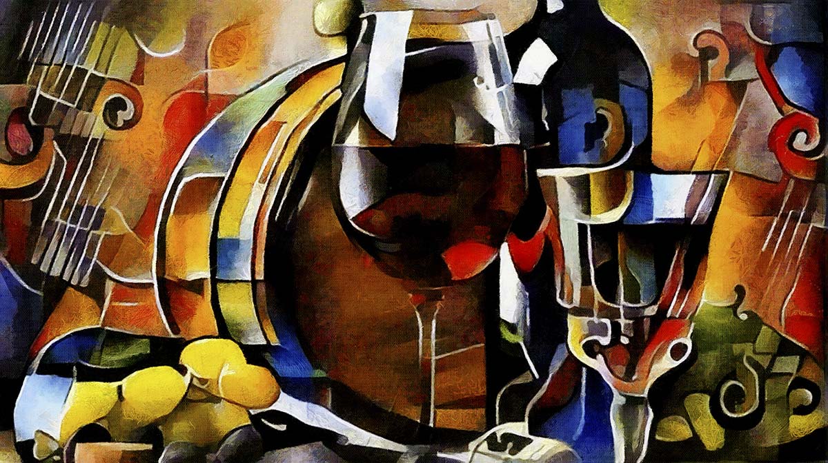 A painting of a glass of wine and a bottle
