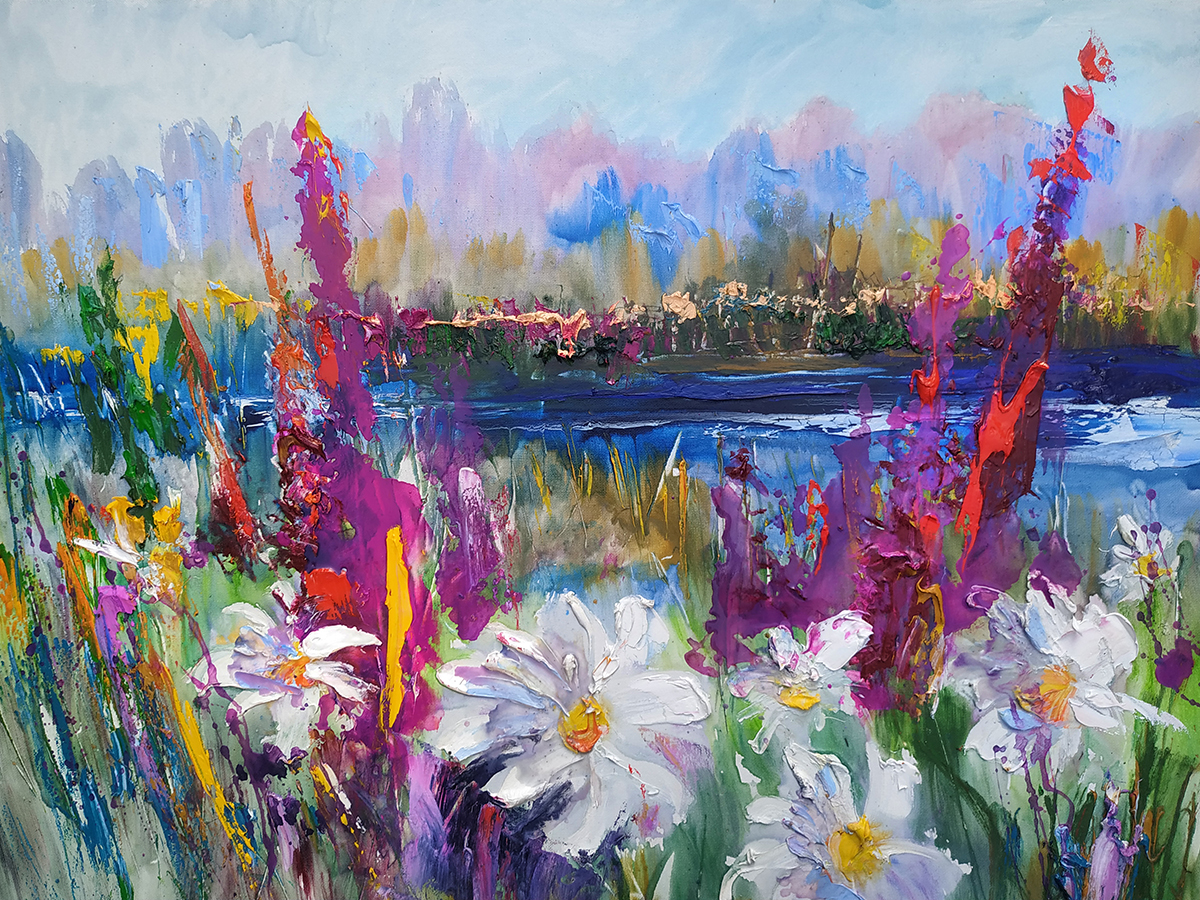 A painting of flowers and water