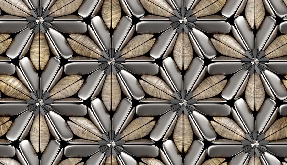 A pattern of metal and wood flowers