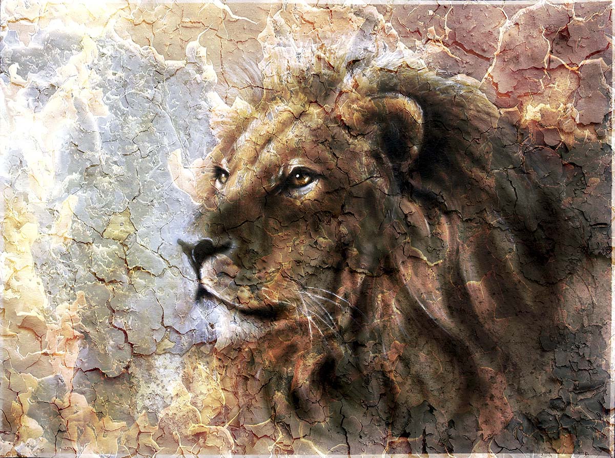 A lion with a cracked surface