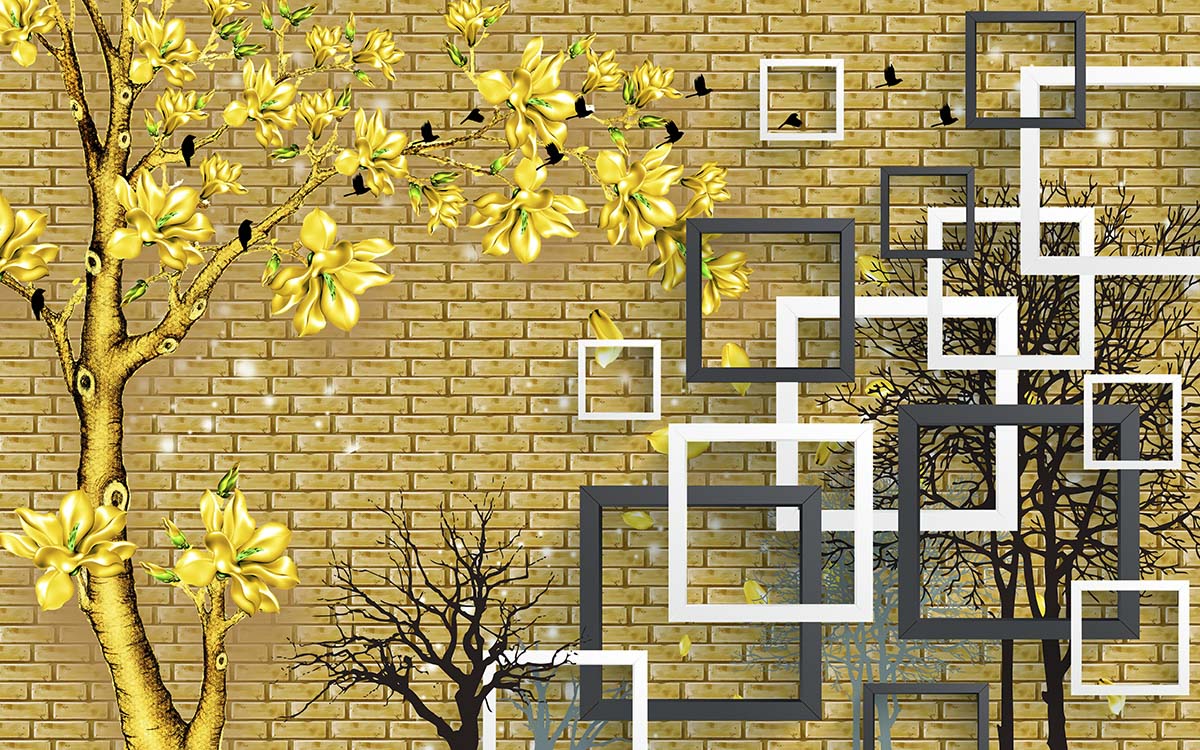 A wall with a tree and birds