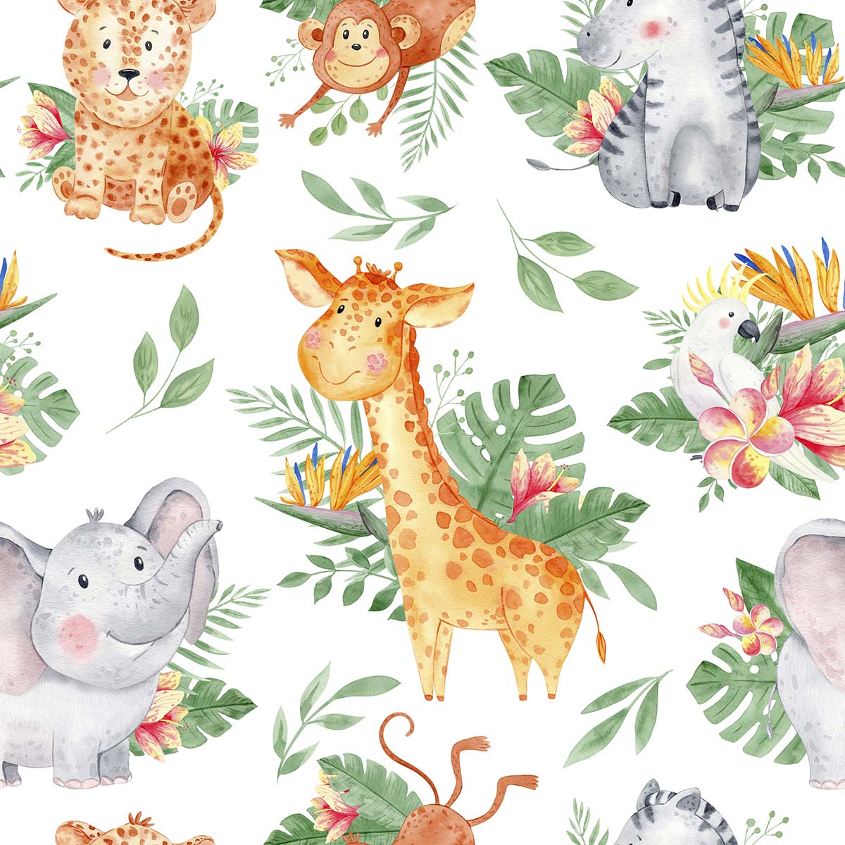 A pattern of animals and leaves