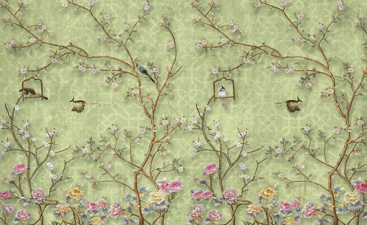 A wallpaper with birds and flowers