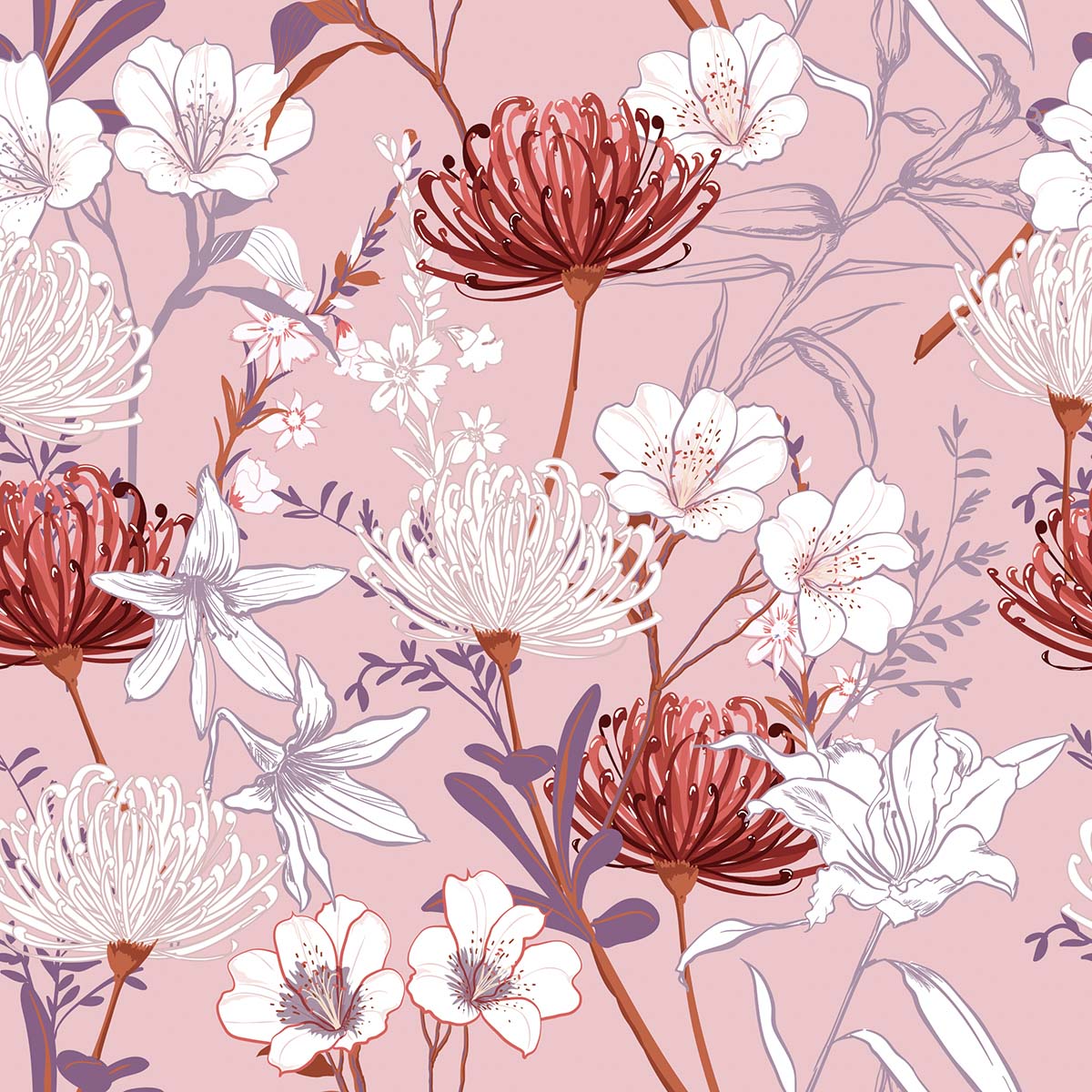 A pattern of flowers on a pink background